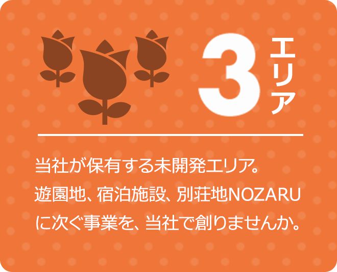 3エリア 当社が保有する未開発エリア。遊園地、宿泊施設、別荘地NOZARUに次ぐ事業を、当社で創りませんか。